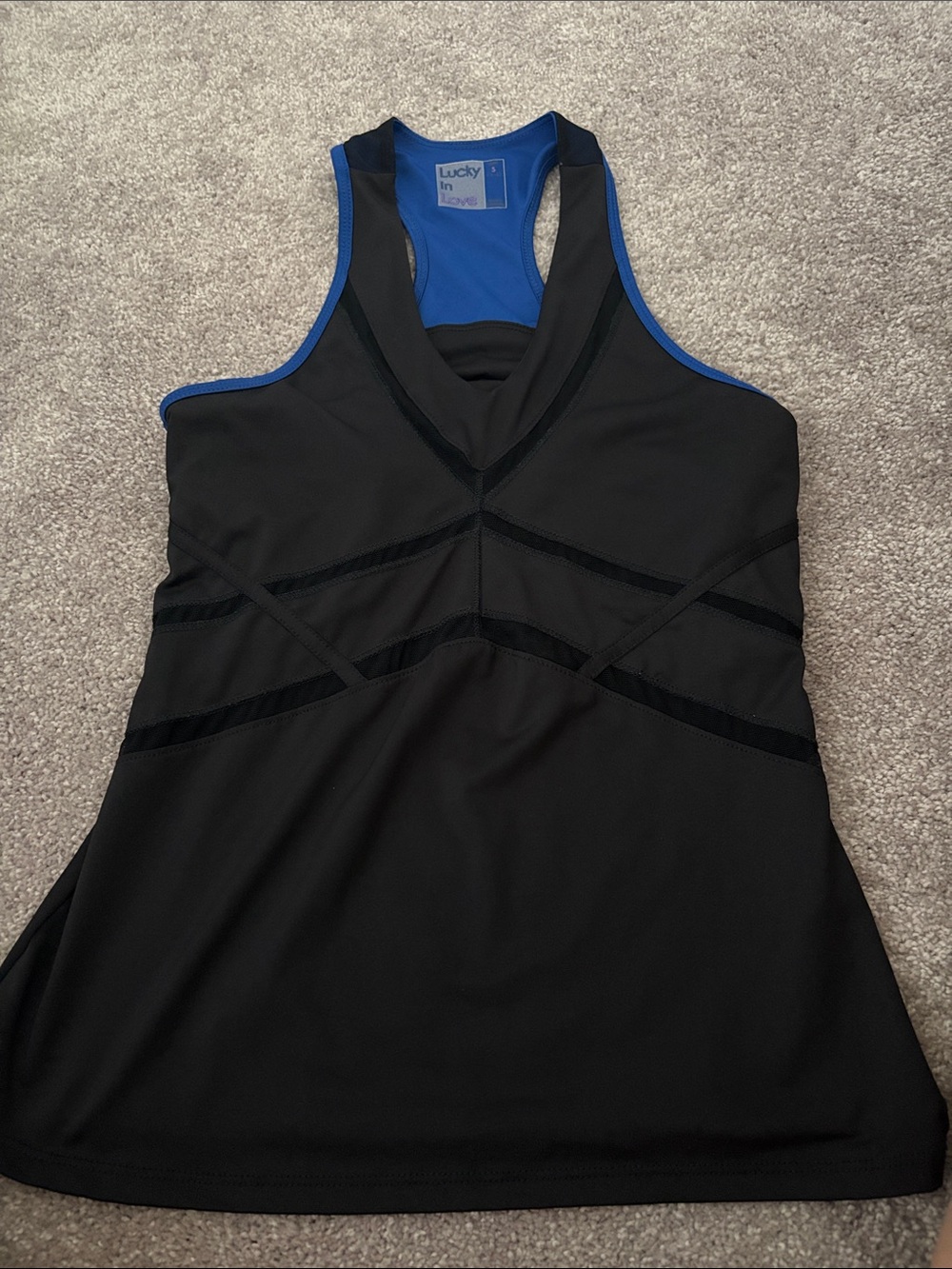 Lucky in Love Black Racerback Tank with Blue Lining